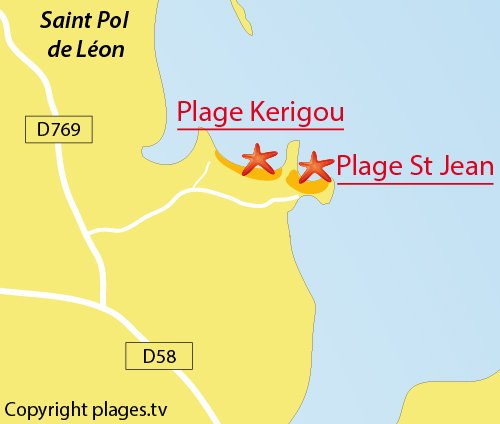 Carte de la plage de Kerigou à St Pol de Léon