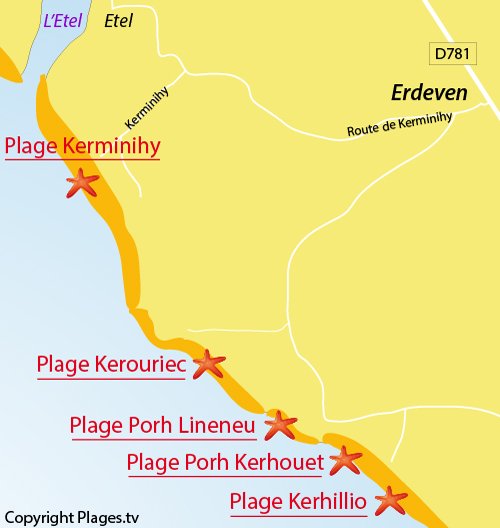 Map of Kerminihy Beach in Erdeven