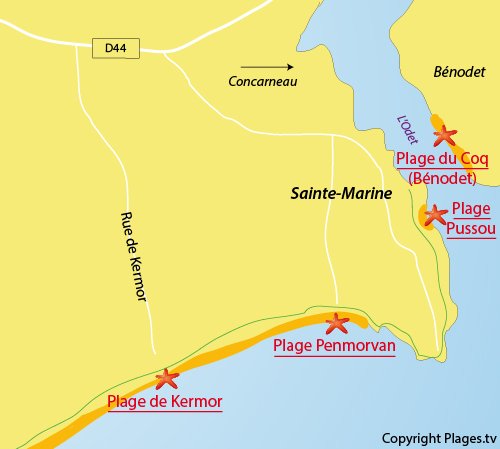 Carte de la plage de Kermor à Combrit - Sainte Marine