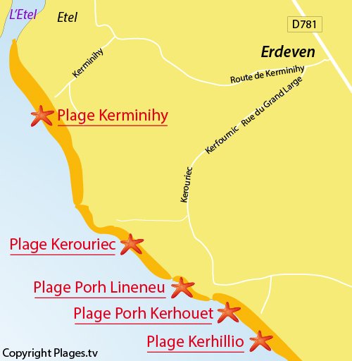 Carte de la plage de Kerouriec à Erdeven