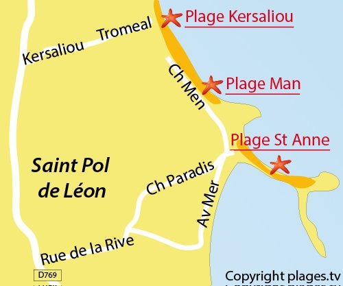 Carte de la plage de Kersaliou à St Pol de Léon