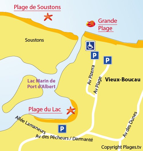 Plan de la plage du lac marin de Vieux Boucau