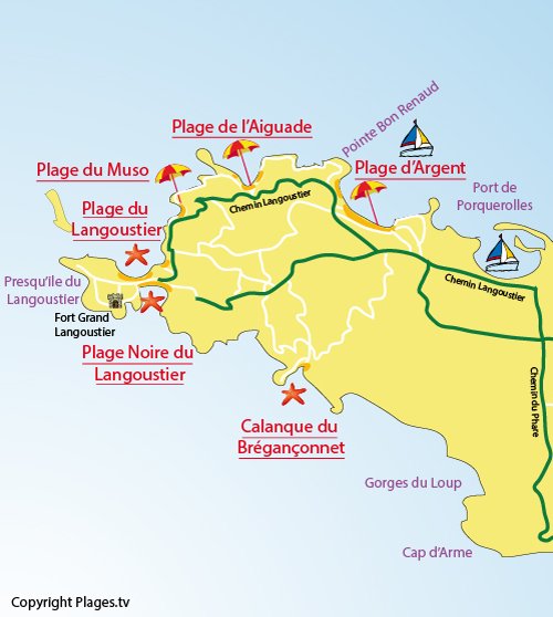 Carte de la plage du Langoustier à Porquerolles