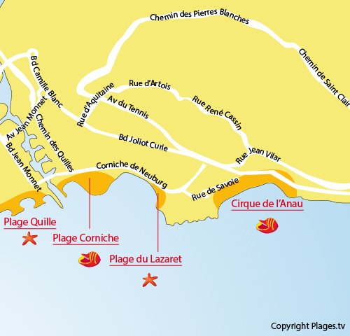 Map of Lazaret Beach in Sète