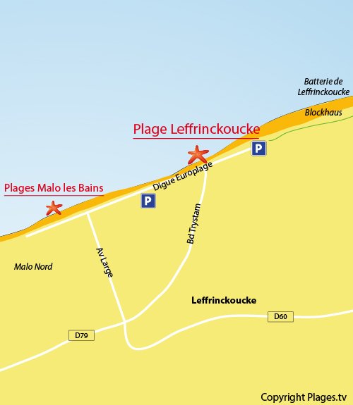 Carte de la plage de Leffrinckoucke près de Dunkerque