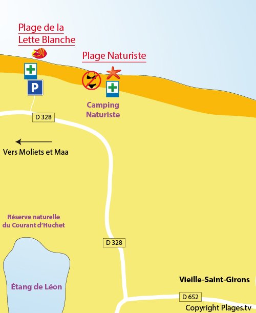 Plan de la plage de la Lette Blanche et de la plage naturiste de Saint Girons dans les Landes