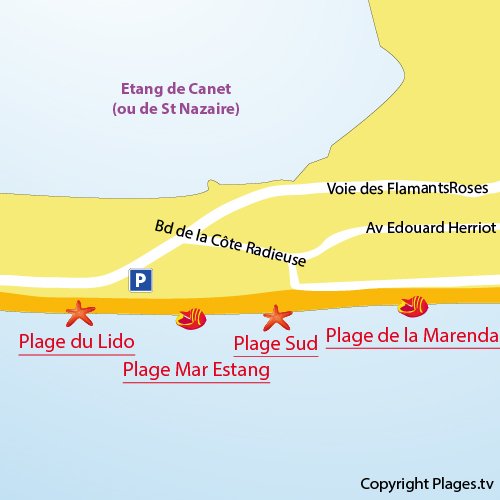 Map of Lido Beach in Canet-en-Roussillon in France