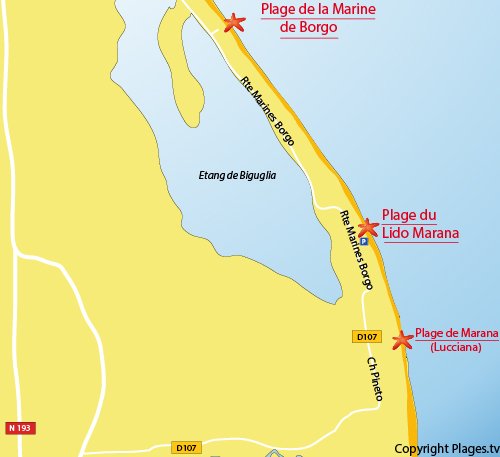 Map of Lido de la Marana Beach in Borgo in Corsica