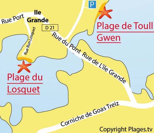 Plan de la plage du Losquet sur l'Ile Grande (Pleumeur Bodou)