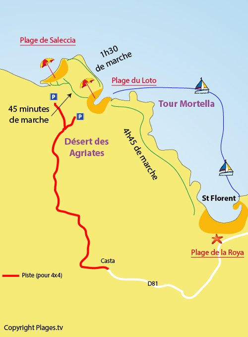 Plan de la plage du Loto à Saint Florent en Corse