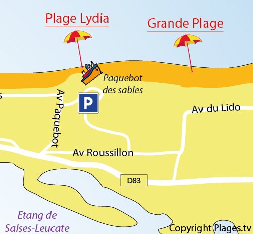 Carte de la plage du Lydia à Port Barcarès (66)