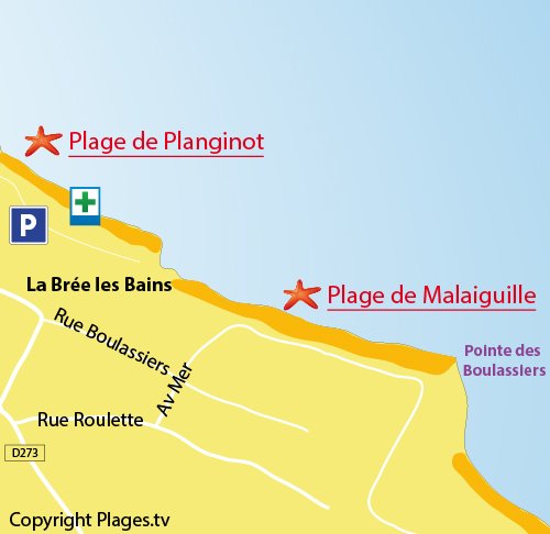 Map of Malaiguille Beach in Oléron (La Brée les Bains)