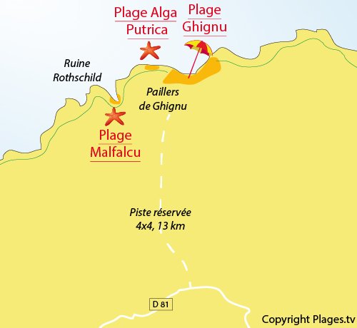 Map of Malfalcu beach in Desert of Agriates - Corsica