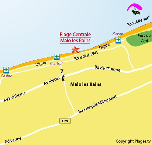 Mappa della Spiaggia Centrale di Malo les Bains - Dunkerque