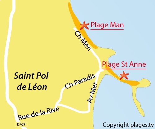 Carte de la plage Man de St Pol de Léon