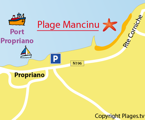 Map of Mancinu Beach in Propriano in Corsica