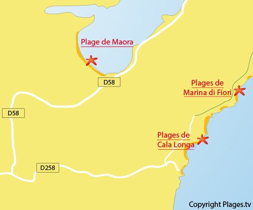 Map of Marina di Fiori beach in Bonifacio in Corsica