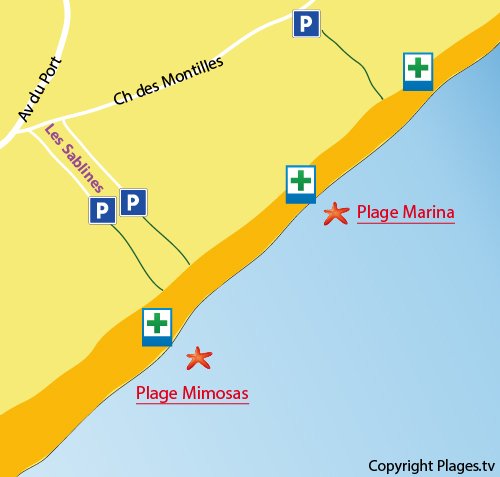 Carte de la plage Marina à Vendres dans l'Hérault