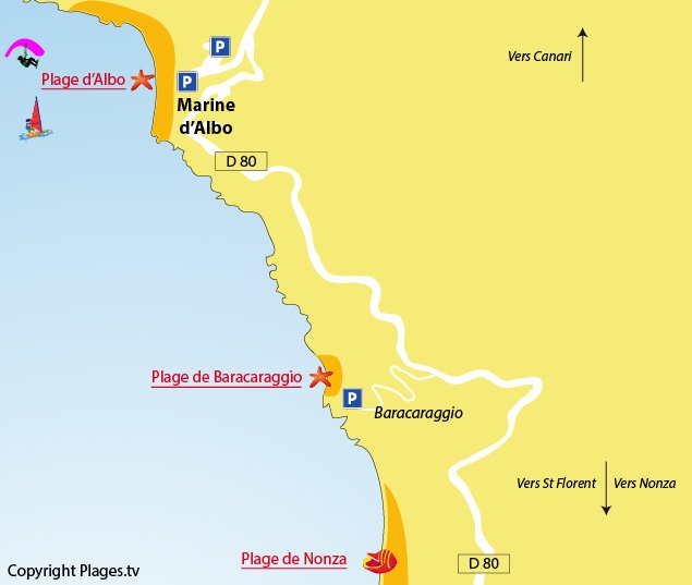 Plan des plages autour de la marine d'Albo dans le Cap Corse