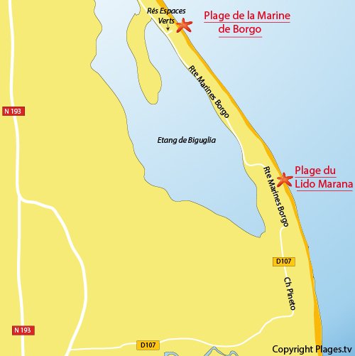 Carte de la plage de la Marine de Borgo en Corse