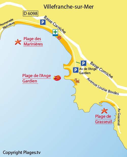 Map of the Marinières Beach in Villefranche sur Mer