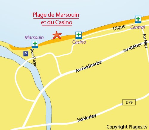 Mappa della Spiaggia di Marsouin e del Casinò a Dunkerque