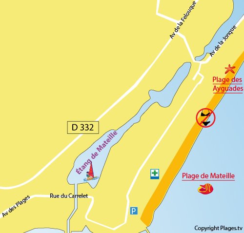 Map of Mateille Beach in Gruissan