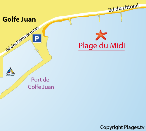 Carte de la plage du Midi à Golfe Juan