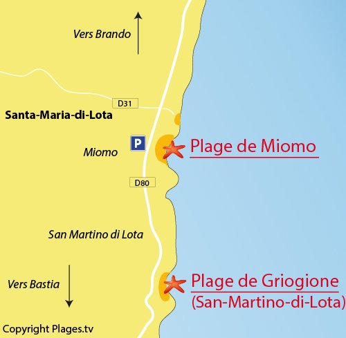 Carte de la plage de Miomo dans le Cap Corse