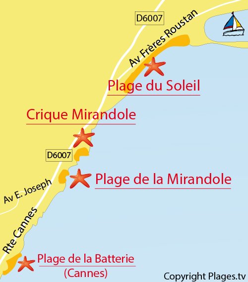 Mappa della Spiaggia della Mirandole a Golfe Juan Vallauris