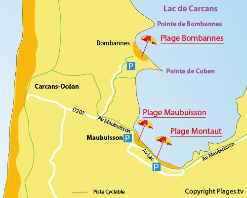 Carte de la plage de Montaut au lac de Carcans en Gironde