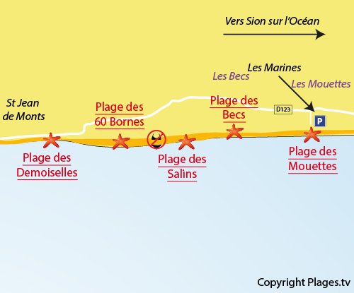 Map of Mouettes Beach in St Hilaire de Riez