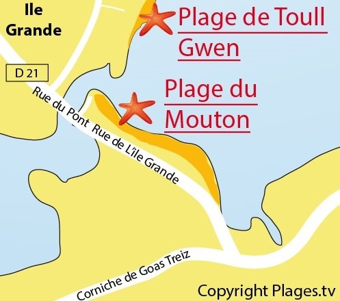 Plan de la plage à l'entrée de l'Ile Grande à Pleumeur Bodou