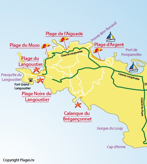 Carte de la plage du Muso à Porquerolles dans le Var