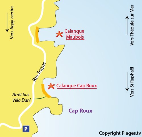 Map of Cap Roux Naturist Beach in Agay