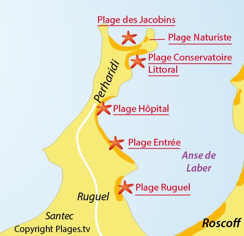 Carte de la plage naturiste de Roscoff