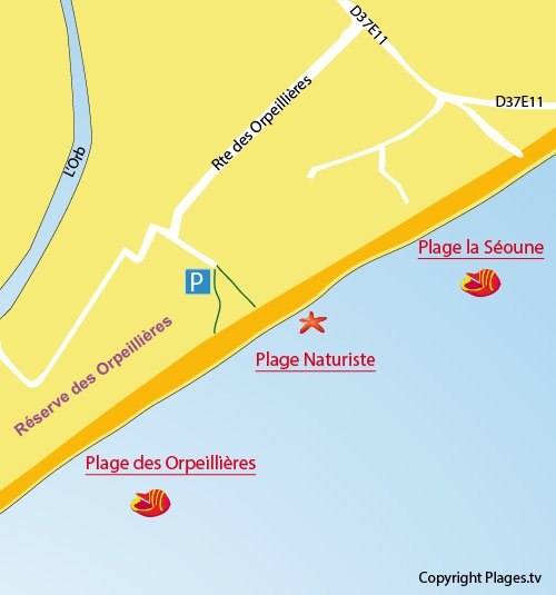 Plan de la plage naturiste à Sérignan