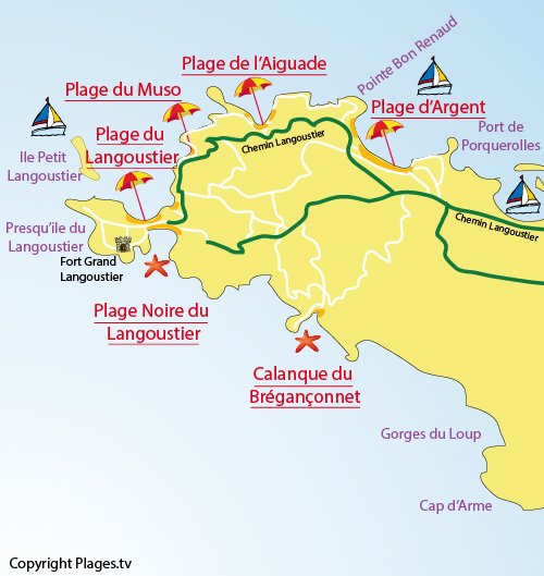 Map of Noire du Langoustier Beach in Porquerolles