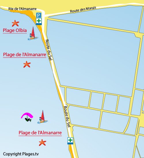 Map of Olbia Almanarre Beach in Hyères - France
