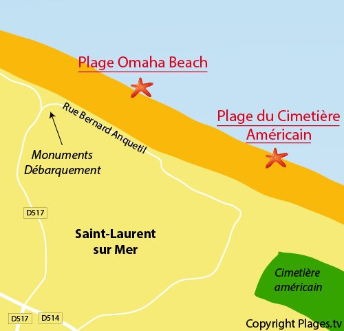 Map of Omaha Beach in St Laurent sur Mer - Normandy