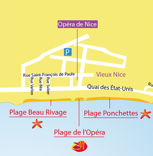 Karte des Strandes Opéra in Nizza