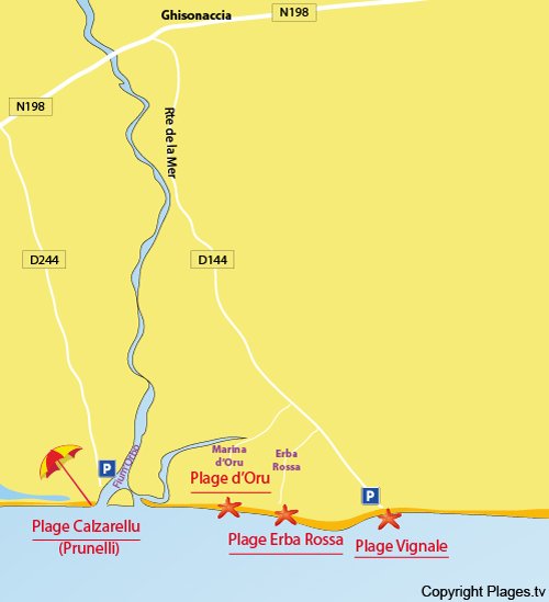 Map of Marina d'Oru Beach in Ghisonaccia in Corsica