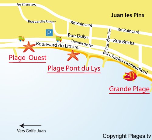 Carte de la plage Ouest à Juan les Pins