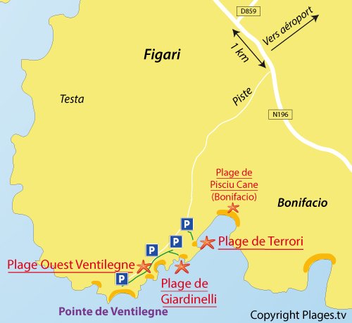 Carte de la plage Ouest de Ventilegne - Figari