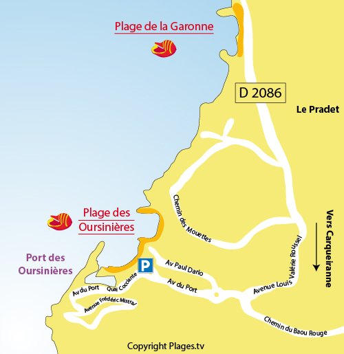 Map of Oursinieres Beach in Le Pradet