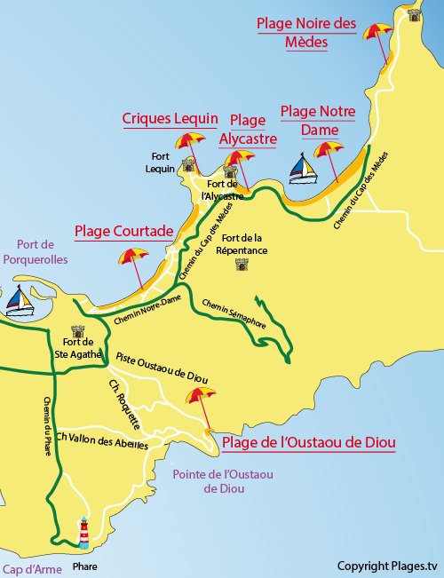 Plan de la plage de l'Oustaou de Diou à Porquerolles