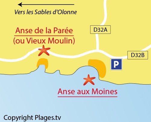 Map of Vieux Moulin Beach in Château d'Olonne