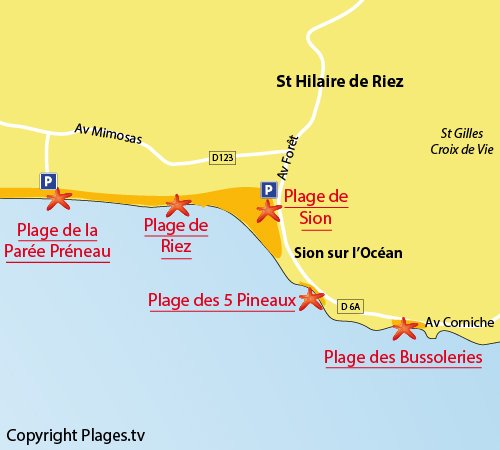 Plan de la plage de Parée Préneau à St Hilaire de Riez