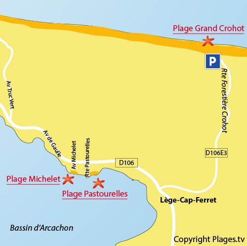 Map of Pastourelles Beach in Cap Ferret