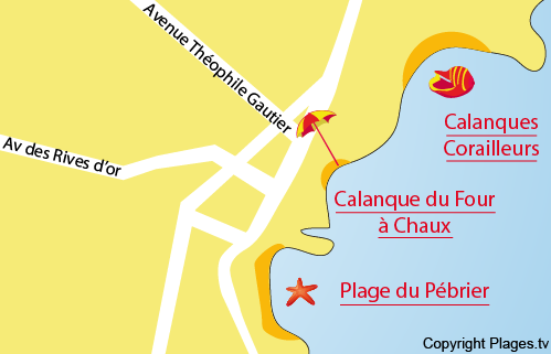 Map of the Pébrier Beach in Saint Aygulf